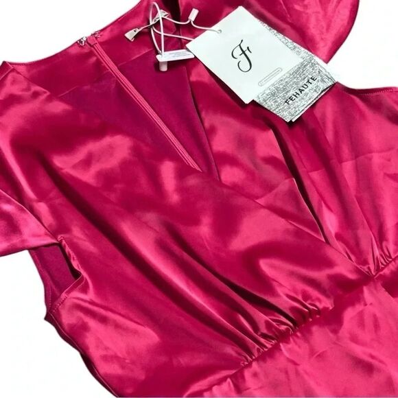NWT FEHAUTE rose red pink Cap Sleeve v neck Satin A-Line Maxi wrap Dress sz 10 - Picture 5 of 13